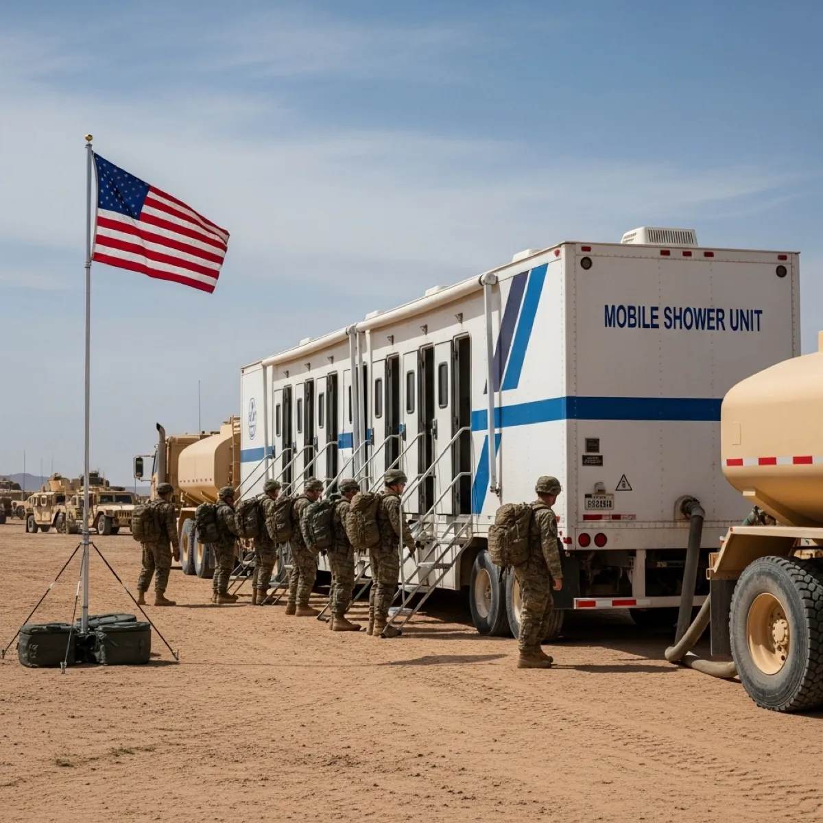 Semi-trailer mobile shower unit deployed at military field exercise