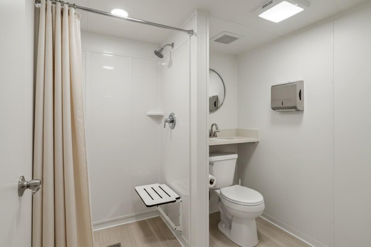 3-Stall Combo Trailer interior — shower stall and restroom with toilet and vanity