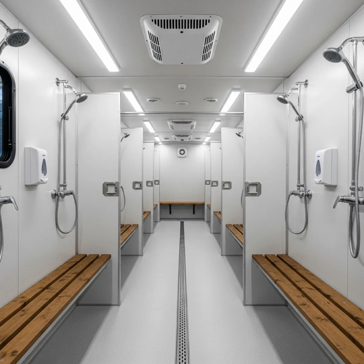 8-Stall Flex Shower Trailer interior — open room layout with shower heads along walls