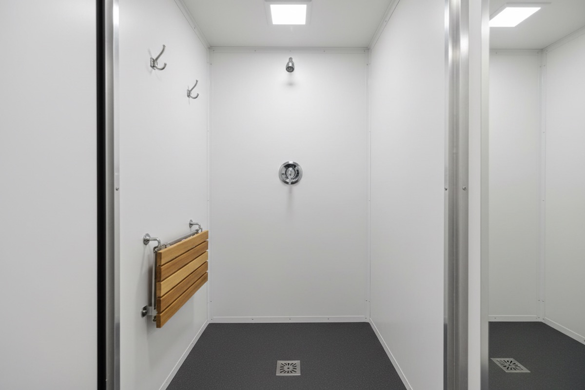 8-Stall Private Shower Trailer interior — individual stall with bench, hooks, and chrome fixtures