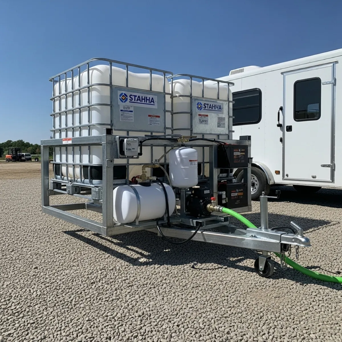 Stahla Water Box deployed on construction site — IBC totes on steel frame with hose connected to trailer
